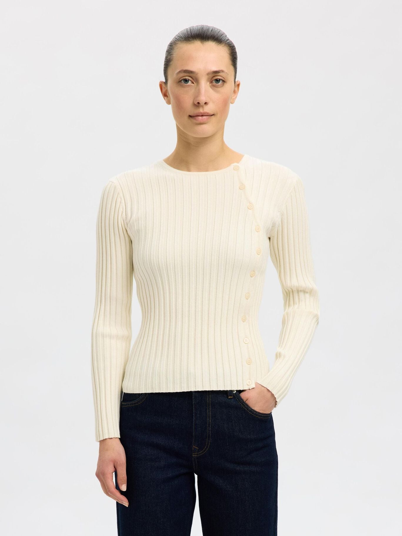 SLFHELEN LS KNIT BUTTON O-NECK TOP